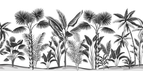 Paysage botanique vintage tropical, palmier, bananier floral seamless fond blanc. Papier peint exotique jungle noir et blanc.