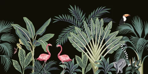 Wall murals Vintage botanical landscape Tropical vintage wild animals, birds, palm tree, banana tree and plant floral seamless border black background. Exotic jungle wallpaper.