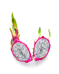 Creative flat layout with fresh organic pink, white and green dragonfruit (pitaya or pitahaya)...