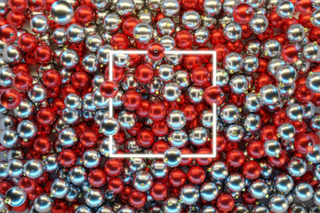 3d rendering of white square neon light over red and silver christmas balls. Flat lay of minimal festive style concept