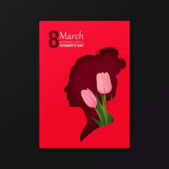 red poster with silhouette girl for international women's day. vector illustration