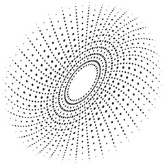 Distorted radial halftone dots in spiral form. Abstract shape. Design element for prints, web pages, template, posters, background and monochrome pattern