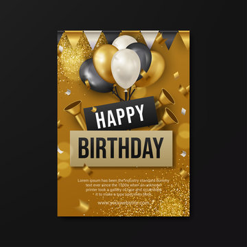 modern happy birthday poster template with gold design vector