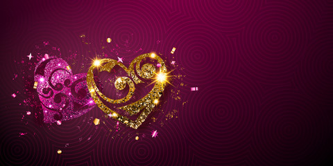 Valentine's day card with two shiny hearts of purple and golden sparkles with glares and shadows on violet background