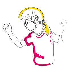 One continuous line drawing of little blond young girl. Simple line art drawing of young girl posing.