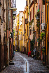 Picturesque street of tiny Bosa town, Sardinia island