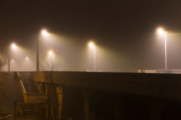 Thick Fog in the night Holesovice about River Vltava. Holesovice is the most cool Prague District, Czech Republic.