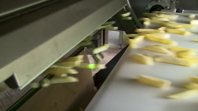 close op of a laser sorting machine separating rejects from good french fries frites in slow motion in factory. chips fly through the sorting machine.