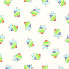 Seamless rainbow coloured gift box pattern vector in a hand drawn style, on an off-white background