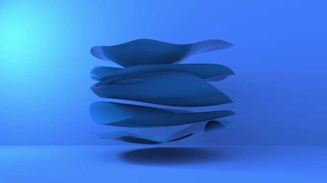Abstract 3D round geometric liquid flying object on blue background. Seamless loop animation with disc waves movement.