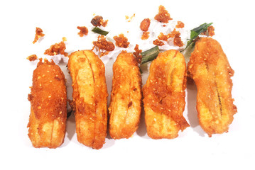Fried bananas, famous snacks in Thailand on a white background.