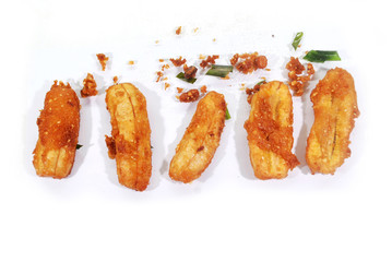 Fried bananas, famous snacks in Thailand on a white background.(with Clipping Path).