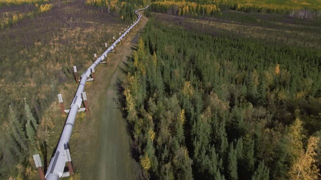 Aerial footage of the Alaska oil pipeline in the fall season, Dalton Highway