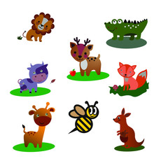 Vector illustration of cute animal set including lion, alligator, cow. deer, fox, giraffe, bee, and kangaroo. vector illustration.
