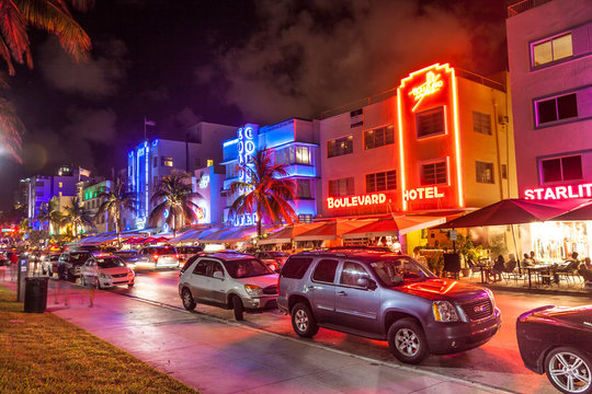 Night view at Ocean drive  in Miami Beach, Florida