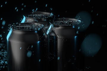 The rain drops fell on cans, cans with dark background, 3d rendering.