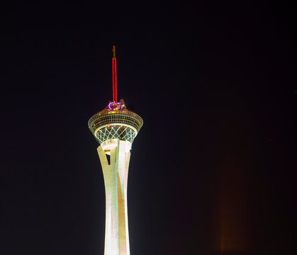 Night lights of the Sahara Casino & Stratosphere Tower in Las Vegas