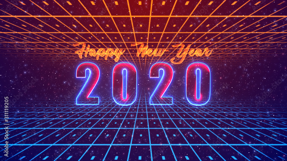 Aufkleber happy new year 2020 text neon light with ceiling and floor 3d line grids and dots in perspective on 