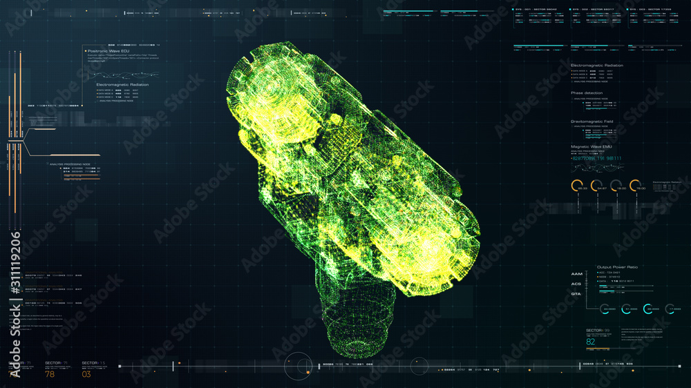 Fototapete Futuristic user interface head up display Holographic electromagnetic mechanical system and digital data telemetry information display for digital background computer desktop display screen