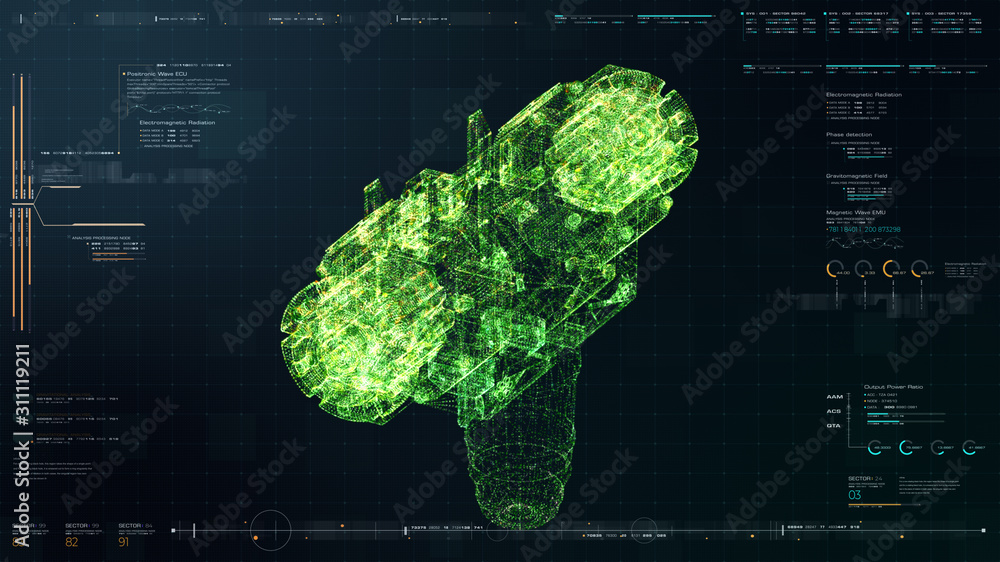 Fototapete Futuristic user interface head up display Holographic electromagnetic mechanical system and digital data telemetry information display for digital background computer desktop display screen