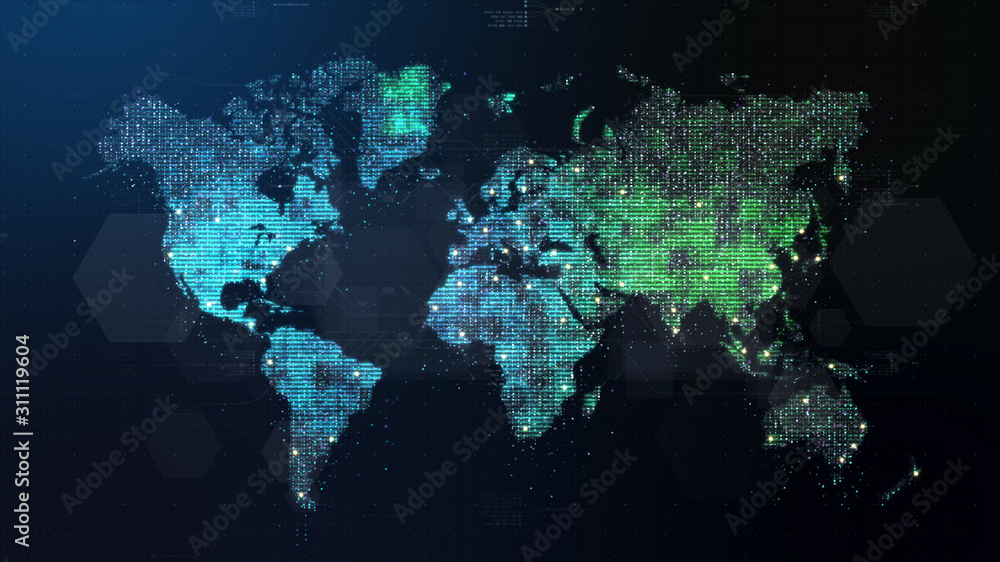 Poster Futuristic global 5G worldwide communication via broadband internet connections between cities around the world with matrix particles continent map for head up display background