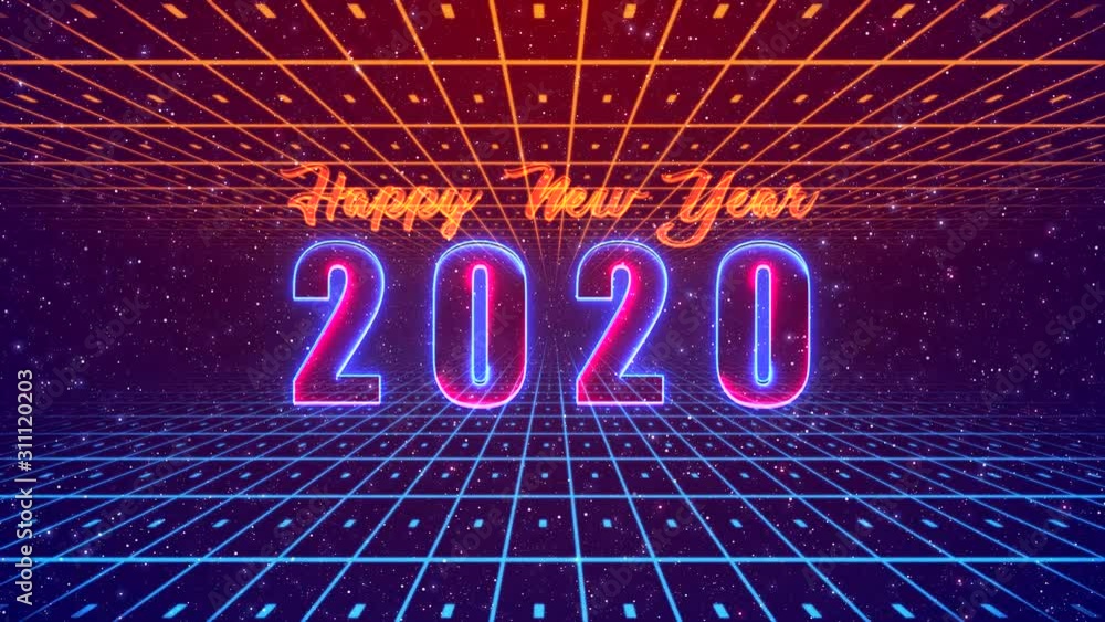 Poster Seamless Loop Motion Happy New Year 2020 Neon Light With Ceiling Floor 3d Line Grids And Dots In Perspective On Red And Blue Starry Night Sky Of The Space