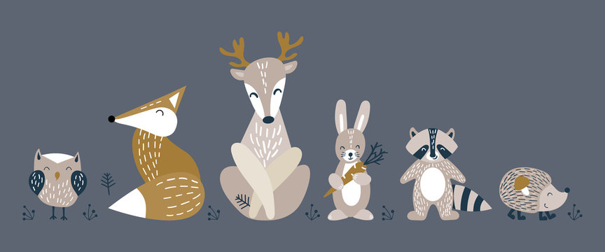Banner with cute woodland animals in scandinavian style. Set of nice characters on dark background. Flat vector illustration.