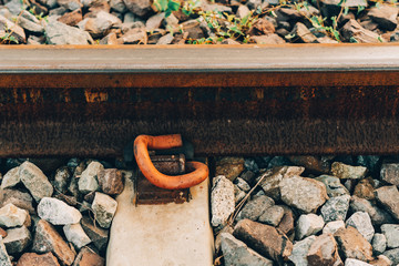 Close up rail brackets or fasteners.Vintage color concept , Railway track