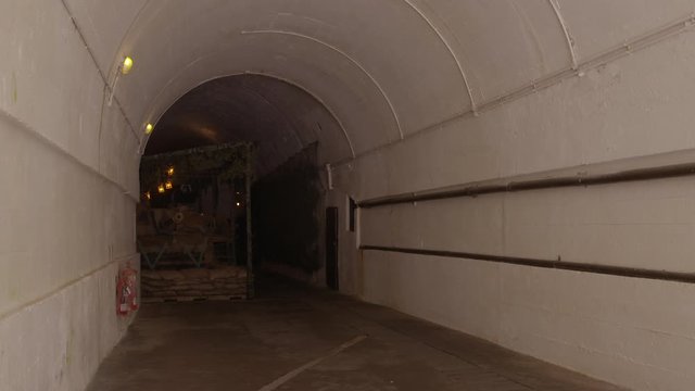 A closeup shot with a downward tilting view of the entryway of an arched underground tunnel leading to its interior.