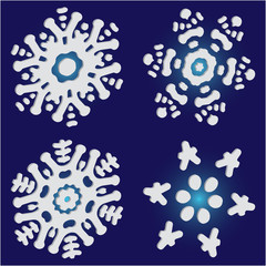 Collection of simple snowflakes on blue background.