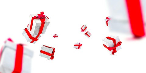 Gift boxes isolated. Christmas gifts against white background. Surprise boxes with red ribbons. Holiday greeting card