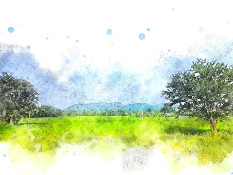 Abstract colorful shape on tree and field landscape watercolor illustration painting background.