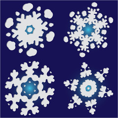 Kit of simple, beautiful snowflakes on blue background.