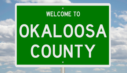 Rendering of a green 3d highway sign for Okaloosa County