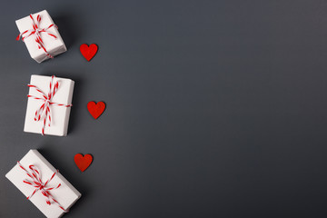 Valentine's day Concept, flat lay top view, White Gift Box and Red Heart