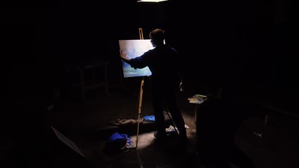Artist copyist paint seascape with ship in ocean. Craftsman decorator draw as boat sail on blue sea...