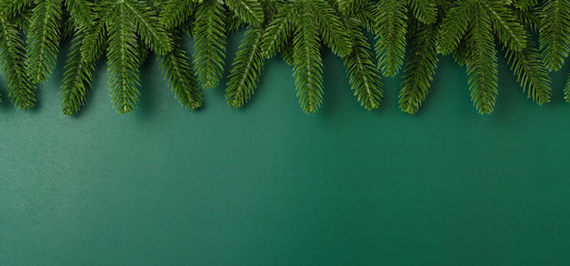 Happy new year, christmas day concept top view flat lay fir tree branches