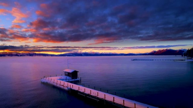 Boathouse Fantasy Winter Sunrise Aerial 4K
