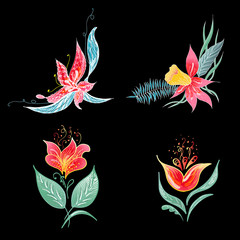 Set of 4 summer colorful tropical flowers. Floral botanical flower set isolated on black background. Hand drawn vector collection. Botanical Hawaii nature. Tropical palm icon. Hawaiian illustration