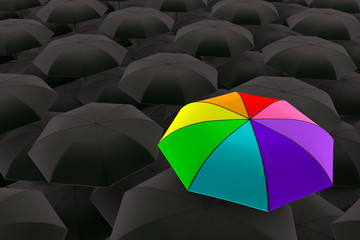 3d rendering of  individuality, leadership, LGBT rights concepts. Rainbow umbrella representing LGBT symbol. Standing out from the crowd.
