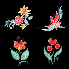 Set of 4 summer colorful tropical flowers. Floral botanical flower set isolated on black background. Hand drawn vector collection. Botanical Hawaii nature. Tropical palm icon. Hawaiian illustration