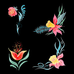 Set of 4 summer colorful tropical flowers. Floral botanical flower set isolated on black background. Hand drawn vector collection. Botanical Hawaii nature. Tropical palm icon. Hawaiian illustration