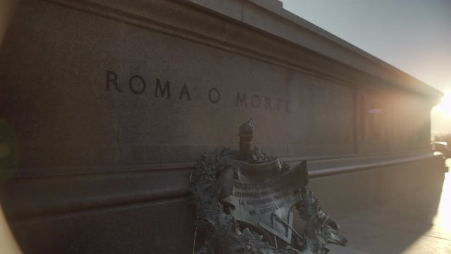 Roma o Morte as inscribed on the monument at Terrazza Piazza Garibaldi in Rome, Italy