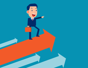 Standing on a growing up arrow. Successful implementation in business