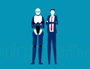 Humanoid robot and businessman. Futuristic cartoon character design. Flat vector illustration style