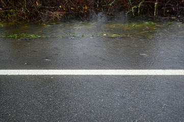 Street with water flooding from wetlands on the side, still raining