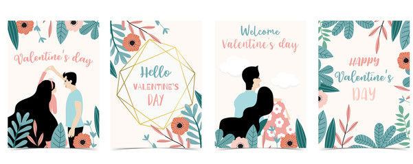 Collection of love background set with leaves,flower,couple.Editable vector illustration for Valentine’s day invitation,postcard and website banner