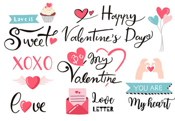 Cute calligraphy object valentine collection with kiss, heart.Vector illustration for icon,logo,sticker,printable.Include wording XOXO,Love is sweet,you are my heart