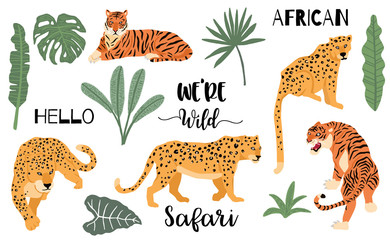 Cotton fabric Cute animal object collection with leopard,tiger. illustration for icon,logo,sticker,printable.Include wording we are wild