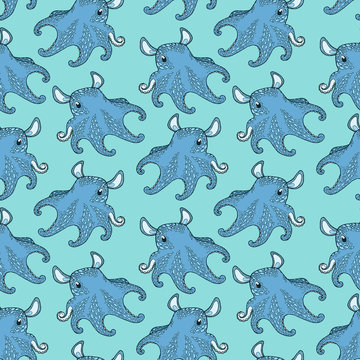 Seamless pattern. Octopus Dumbo. Blue octopus on a blue background. Print for baby products. Use for postcards, book illustrations, wrapping paper, textiles, web. Octopuses hand drawing. 
